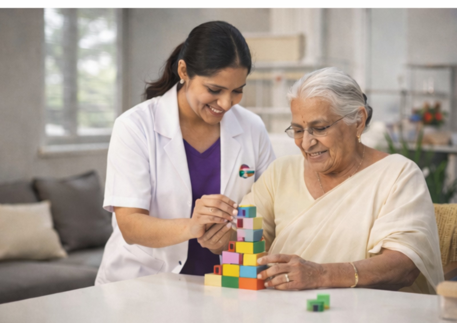 Caregiver assisting a senior woman with a puzzle.